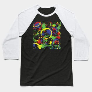 Red, Yellow, Blue and Green Paint Splatter Pattern on Black Baseball T-Shirt